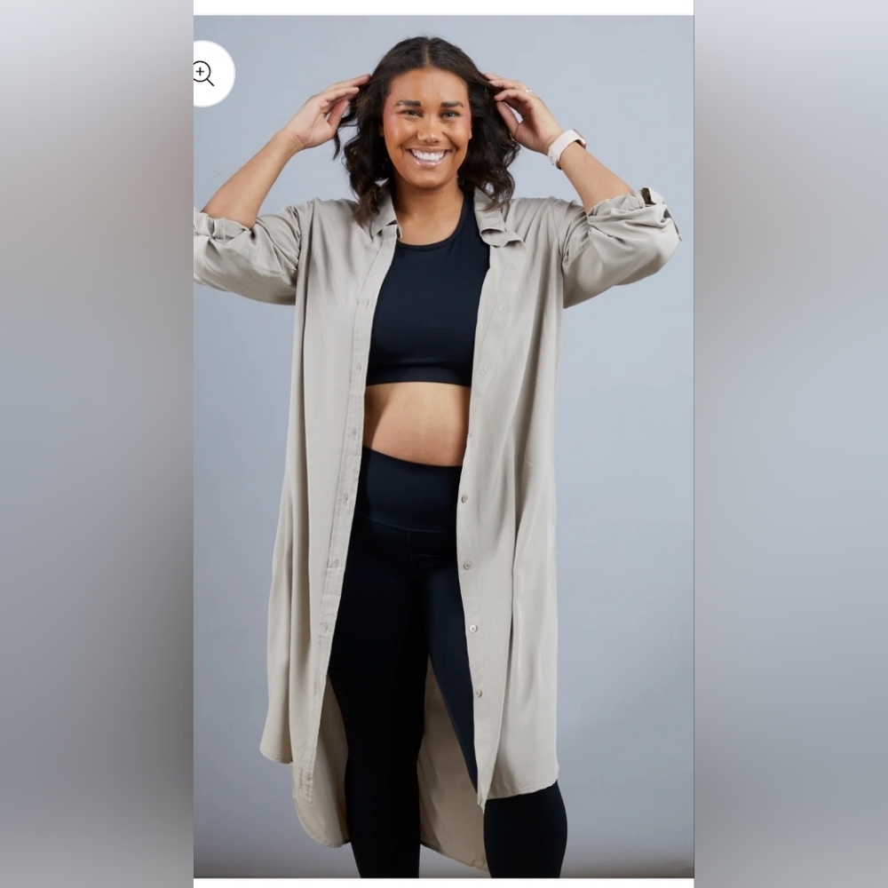 Beige Long‎ Button-Up Shirt Dress